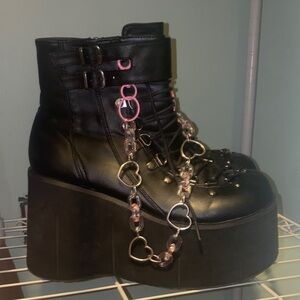 Demonia Platform Combat Boots with Heart Chain - Black